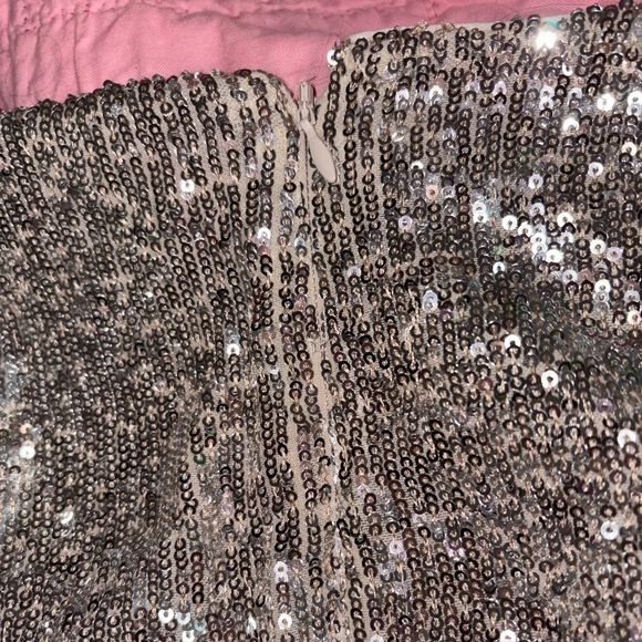 EXPRESS BEIGE SILVER SEQUIN FAUX WRAP MINI DRESS - Picture 7 of 9